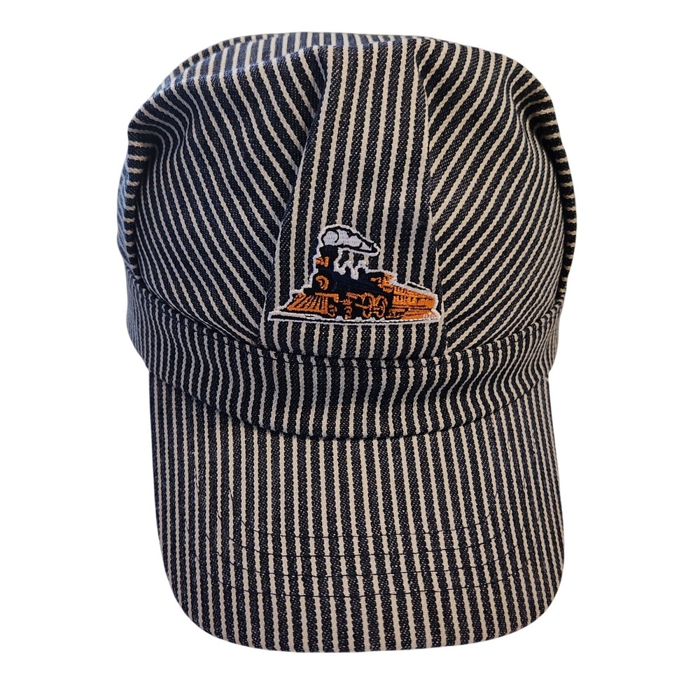Train Engineer Hat Blue White Stripe Railroad Conductor Cap with Train Patch